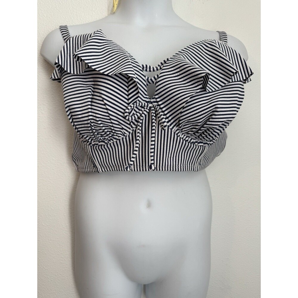 Cacique Swim 38H Swim Bikini Top Bra Retro Blue Stripe Ruffle Wide Strap EUC